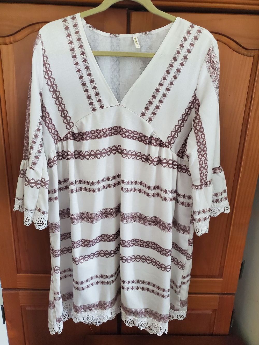 White Tunic Dress with Brown Embroidered Stripes